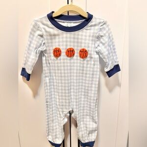 Boys smocked Blue and White Checkered Kids One Piece French knotted basketball